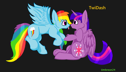 Size: 3312x1908 | Tagged: safe, artist:umbreon24, rainbow dash, twilight sparkle, alicorn, pony, g4, blushing, female, flying, lesbian, mare, ship:twidash, shipping, sitting, tongue out, twilight sparkle (alicorn)