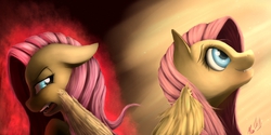 Size: 1600x800 | Tagged: safe, artist:miokomata, fluttershy, g4, angry, duality, fangs
