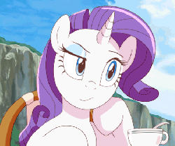 Size: 451x376 | Tagged: safe, artist:deannart, edit, rarity, pony, unicorn, g4, animated, blinking, chair, cropped, cup, female, frame by frame, inverted mouth, mare, raised eyebrow, reaction image, sitting, sky, table, tea