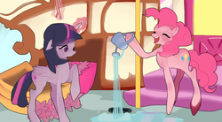 Size: 800x441 | Tagged: safe, artist:pongtang, pinkie pie, twilight sparkle, alicorn, pony, g4, female, mare, pixiv, scene interpretation, twilight sparkle (alicorn), watering can