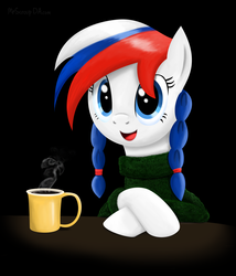 Size: 3000x3500 | Tagged: safe, artist:mrscroup, oc, oc only, oc:marussia, braid, clothes, coffee, cup, cute, food, nation ponies, pigtails, portrait, russia, solo, sweater