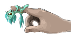 Size: 1759x922 | Tagged: safe, artist:eto ya, lyra heartstrings, human, pony, g4, clinging, hand, happy, in goliath's palm, micro, tiny ponies