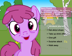 Size: 900x700 | Tagged: safe, artist:sie, berry punch, berryshine, earth pony, pony, g4, development, dialogue, female, game, gameplay, mare, sneezing in equestria, solo