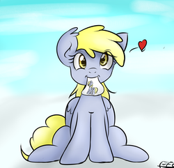 Size: 2000x1925 | Tagged: safe, artist:freefraq, derpy hooves, g4, :i, cute, derpabetes, drawing, female, filly derpy, freefraq is trying to murder us, heart, looking at you, mouth hold, sitting, smiling, solo