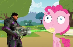 Size: 1585x1031 | Tagged: safe, pinkie pie, earth pony, human, pony, g4, simple ways, female, inflated head, inflato-ray, male, mare, saints row, this will end in an exploding head