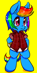 Size: 437x861 | Tagged: safe, artist:puds, rainbow dash, pony, semi-anthro, g4, bipedal, clothes, female, mare, shirt, simple background, solo, watch, wingless