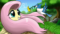 Size: 2560x1440 | Tagged: safe, artist:harmonicviper, fluttershy, bird, blue jay, pegasus, pony, g4, bust, cute, female, flower, mare, shyabetes, smiling, solo, windswept mane