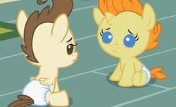 Size: 532x325 | Tagged: safe, screencap, pound cake, pumpkin cake, baby cakes, g4, baby, baby pony, cake twins, colt, cute, diaper, diapered, diapered colt, diapered filly, diapered foals, female, filly, looking at each other, male, one month old colt, one month old filly, one month old foals, sad, siblings, sitting, twins, white diapers