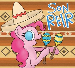 Size: 938x852 | Tagged: safe, artist:xylophon, pinkie pie, g4, balloon, female, maracas, mexican, musical instrument, pattern, smile song, smiling, solo, sombrero, spanish