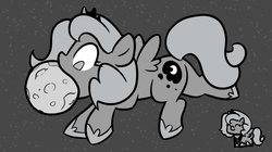 Size: 1201x672 | Tagged: safe, artist:lightbulb, princess luna, g4, female, filly, monochrome, moon, mouth hold, solo, tangible heavenly object, woona