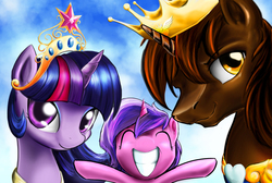 Size: 1650x1110 | Tagged: safe, artist:d-lowell, twilight sparkle, oc, oc:courageous heart, oc:starlight, alicorn, pony, g4, alicorn oc, canon x oc, commission, donut steel, family, female, filly, male, mama twilight, offspring, parent:oc:courageous heart, parent:twilight sparkle, parents:canon x oc, parents:twileous, self insert, shipping, straight, twileous, twilight sparkle (alicorn)