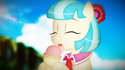 Size: 1920x1080 | Tagged: safe, artist:deannart, artist:izeer, coco pommel, earth pony, pony, g4, eyes closed, female, ice cream, licking, open mouth, solo, tongue out, vector