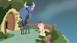 Size: 1054x592 | Tagged: safe, screencap, fluttershy, iron will, nostalgia goat, goat, minotaur, pegasus, pony, g4, putting your hoof down, basket, butt, door, female, male, mare, necktie, nose piercing, nose ring, open mouth, piercing, plot, septum piercing