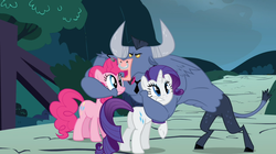 Size: 1054x592 | Tagged: safe, screencap, iron will, pinkie pie, rarity, g4, putting your hoof down