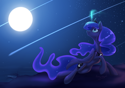 Size: 900x633 | Tagged: safe, artist:bronyseph, princess luna, alicorn, pony, g4, female, glowing horn, horn, mare, moon, night, signature, smiling, solo