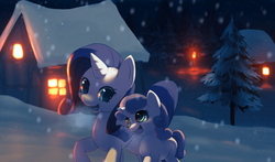 Size: 1402x827 | Tagged: safe, artist:apricolor, rarity, sweetie belle, pony, unicorn, g4, duo, horn, looking at each other, night, open mouth, pixiv, smiling, snow, snowfall