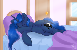 Size: 1350x875 | Tagged: safe, artist:average-hanzo, princess luna, alicorn, pony, g4, bed, belly button, eyes closed, female, lesbian, mare, on side, ship:twiluna, shipping, sleeping, solo