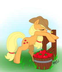 Size: 1000x1164 | Tagged: safe, artist:zaricat, applejack, g4, apple, bucket, female, fence, gradient background, grass, mouth hold, sleeping, solo