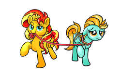 Size: 800x500 | Tagged: safe, artist:miraravenheart, lightning dust, sunset shimmer, pegasus, pony, unicorn, g4, bound wings, collar, duo, leash, lightningshimmer, pet play, rope