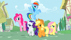 Size: 1440x810 | Tagged: safe, applejack, fluttershy, pinkie pie, rainbow dash, rarity, earth pony, pegasus, pony, unicorn, g4, female, intro, mare, remane five, saturated