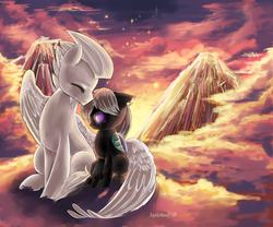 Size: 3000x2500 | Tagged: safe, artist:aquagalaxy, oc, oc only, changeling, pegasus, pony, scenery, sunset
