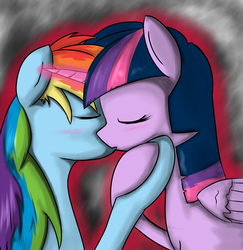 Size: 1000x1030 | Tagged: safe, artist:geneticanomaly, rainbow dash, twilight sparkle, alicorn, pony, g4, duo, female, kiss on the lips, kissing, lesbian, magic, mare, ship:twidash, shipping, twilight sparkle (alicorn)