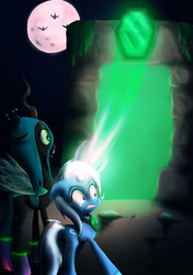 Size: 1477x2100 | Tagged: safe, artist:fox-moonglow, queen chrysalis, trixie, changeling, changeling queen, pony, unicorn, g4, amulet, cave, crying, duo, emerald, female, jewelry, magic, moon, portal, sweat