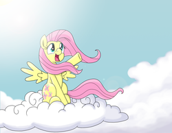 Size: 3600x2800 | Tagged: safe, artist:drako1997, fluttershy, pegasus, pony, g4, cloud, cloudy, cute, female, mare, open mouth, shyabetes, sitting, sky, smiling, solo, wind, windswept mane