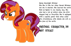 Size: 1534x996 | Tagged: safe, sunset shimmer, oc, oc:moonlight glimmer, pony, g4, donut steel, evil smile, grin, heterochromia, implied sunset shimmer, joke oc, mary sue, original character do not steal, recolor, smiling, solo, standing, text