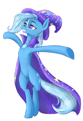 Size: 812x1185 | Tagged: safe, artist:madhotaru, trixie, pony, g4, bipedal, cape, clothes, female, grin, hat, smiling, solo, trixie's cape, trixie's hat, wizard hat