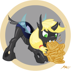 Size: 1250x1250 | Tagged: safe, applejack, changeling, g4, appleling, changelingified, drawfag, female, solo, species swap, waffle