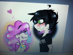 Size: 1024x765 | Tagged: safe, artist:invader-moon-chibi, pinkie pie, human, g4, blushing, crossover, crossover shipping, dan, dan pie, dan vs, female, heart, humanized, light skin, male, pinkiedan, shipping, straight