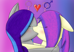 Size: 1060x754 | Tagged: safe, artist:sea-gnash, oc, oc only, oc:radiant star, earth pony, pony, abstract background, bust, earth pony oc, eyes closed, female, glasses, kissing, lesbian, mare, megabyte stream, signature