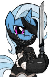 Size: 719x1112 | Tagged: safe, artist:drawponies, trixie, pony, unicorn, g4, bipedal, crossover, female, glare, hoof hold, konami, mare, metal gear, metal gear rising, raiden, rules of nature, solo