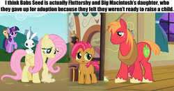 Size: 1568x824 | Tagged: safe, angel bunny, babs seed, big macintosh, fluttershy, owlowiscious, twilight sparkle, earth pony, pony, g4, cannot unsee, comparison, insane fan theory, male, offspring, ship:fluttermac, shipping, stallion, straight