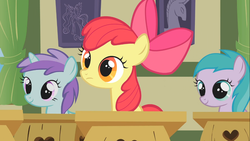 Size: 1366x768 | Tagged: safe, screencap, apple bloom, liza doolots, petunia, princess celestia, tootsie flute, call of the cutie, g4, classroom, ponyville schoolhouse