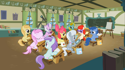 Size: 1366x768 | Tagged: safe, screencap, apple bloom, archer (character), diamond tiara, liza doolots, noi, petunia, piña colada, princess celestia, scootablue, silver spoon, sun glimmer, tootsie flute, twist, earth pony, pony, unicorn, call of the cutie, g4, season 1, adorabloom, archerbetes, classroom, cute, cute glimmer, diamondbetes, glasses, noiabetes, piña cutelada, ponyville schoolhouse, silverbetes, tootsie cute, twistabetes