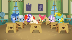 Size: 1366x768 | Tagged: safe, screencap, apple bloom, archer (character), diamond tiara, liza doolots, noi, petunia, princess celestia, scootablue, silver spoon, star hopper, sun glimmer, tootsie flute, twist, call of the cutie, g4, classroom, glasses, not scootaloo, not sweetie belle, ponyville schoolhouse