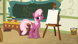 Size: 1366x768 | Tagged: safe, screencap, cheerilee, call of the cutie, g4, book, chalkboard, classroom, clipboard, female, lidded eyes, ponyville schoolhouse, solo
