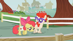 Size: 1366x768 | Tagged: safe, screencap, apple bloom, twist, call of the cutie, g4, credits, glasses