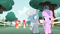 Size: 1366x768 | Tagged: safe, screencap, apple bloom, diamond tiara, silver spoon, twist, earth pony, pony, call of the cutie, g4, apple bloom is not amused, bow, brat, bully, bullying, evil grin, female, filly, foal, glasses, grin, hair bow, jewelry, narrowed eyes, necklace, pearl necklace, raised eyebrow, smiling, smirk, tiara, unamused, upset, walking