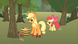 Size: 1366x768 | Tagged: safe, screencap, apple bloom, applejack, earth pony, pony, call of the cutie, g4, apple, apple orchard, apple sisters, apple tree, duo, female, filly, foal, food, mare, orchard, sisters, tree