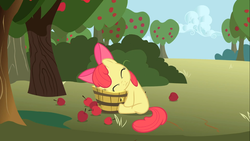 Size: 1366x768 | Tagged: safe, screencap, apple bloom, earth pony, pony, call of the cutie, g4, apple, apple tree, eyes closed, female, filly, foal, solo, tree