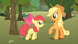 Size: 1366x768 | Tagged: safe, screencap, apple bloom, applejack, earth pony, pony, call of the cutie, g4, apple orchard, apple sisters, apple tree, duo, female, filly, foal, mare, orchard, raised hoof, sisters, smiling, tree