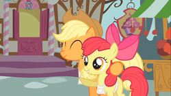 Size: 1366x768 | Tagged: safe, screencap, apple bloom, applejack, earth pony, pony, call of the cutie, g4, apple sisters, apron, clothes, duo, eyes closed, female, filly, foal, hug, mare, raised hoof, sisters