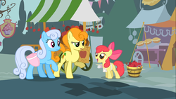 Size: 1366x768 | Tagged: safe, screencap, apple bloom, carrot top, golden harvest, linky, shoeshine, call of the cutie, g4