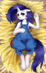 Size: 684x1096 | Tagged: safe, artist:php96, rarity, pony, unicorn, semi-anthro, g4, simple ways, crying, droopy drawers, farmfilly, female, hay, impossibly wide hips, on back, overalls, rarihick, rarihips, solo, wide hips