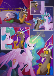 Size: 1000x1415 | Tagged: safe, artist:falleninthedark, artist:stepandy, discord, princess celestia, comic:notte insonne, g4, comic, magic, night, ship:dislestia, shipping