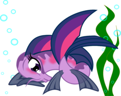 Size: 860x681 | Tagged: safe, artist:skrysal, twilight sparkle, fish, g4, blushing, bubble, female, fishified, looking at you, prone, seaweed, simple background, smiling, solo, species swap, transparent background, underwater