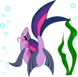 Size: 860x856 | Tagged: safe, artist:skrysal, twilight sparkle, fish, g4, blushing, bubble, female, fishified, flexible, looking at you, seaweed, simple background, smiling, solo, species swap, transparent background, underwater